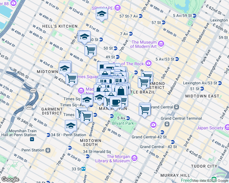 map of restaurants, bars, coffee shops, grocery stores, and more near 123 West 44th Street in New York