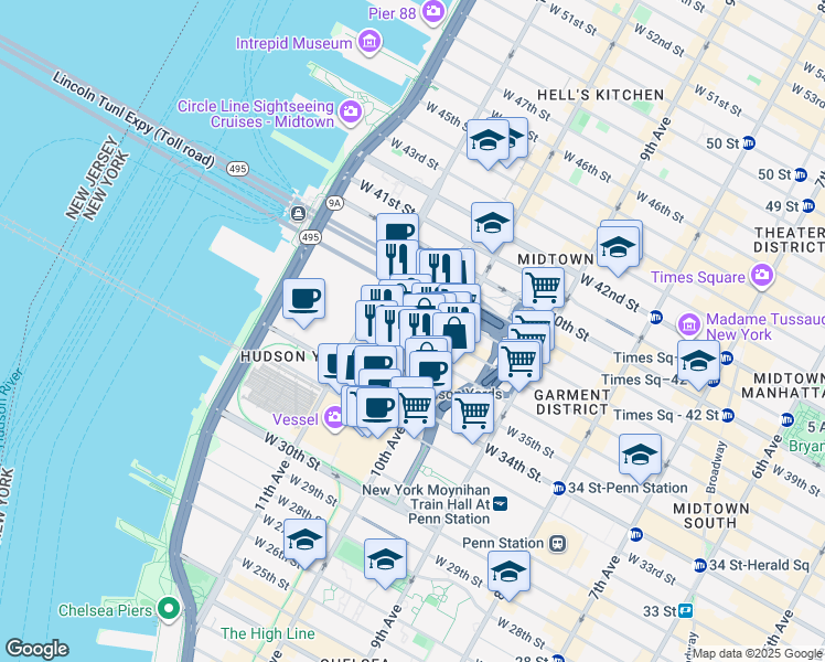 map of restaurants, bars, coffee shops, grocery stores, and more near 525 West 36th Street in New York