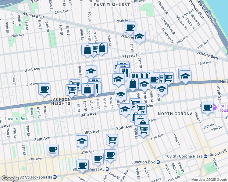 map of restaurants, bars, coffee shops, grocery stores, and more near 92-15 Northern Boulevard in Queens