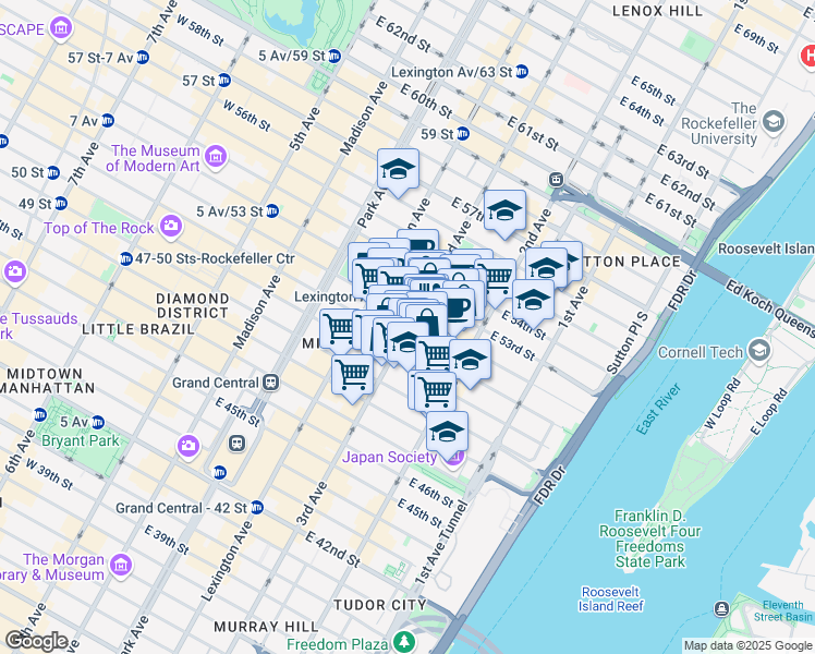 map of restaurants, bars, coffee shops, grocery stores, and more near 850 3rd Avenue in New York