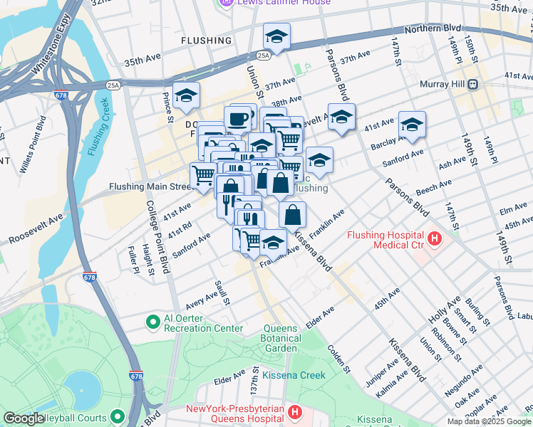 map of restaurants, bars, coffee shops, grocery stores, and more near 42-6 Kissena Boulevard in Queens