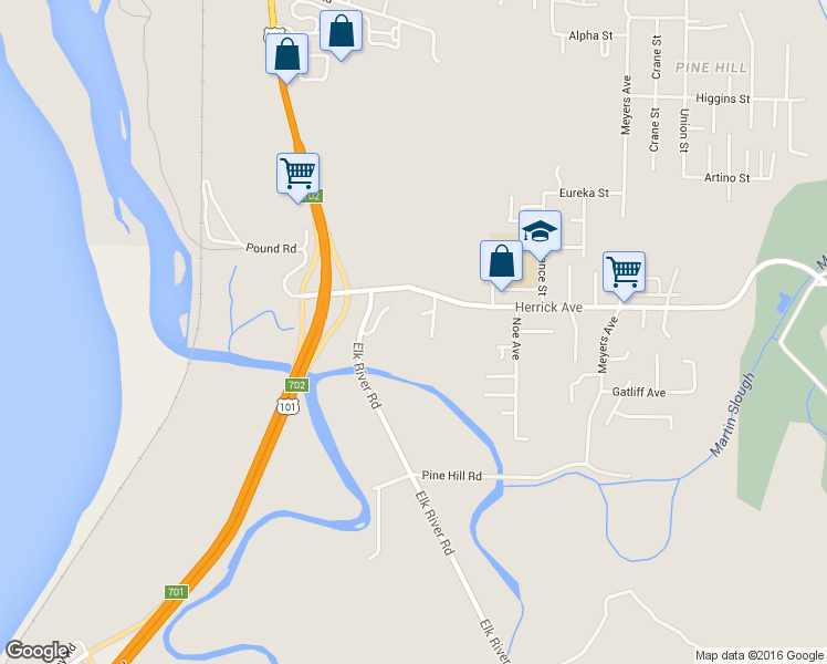 map of restaurants, bars, coffee shops, grocery stores, and more near 5370 Bay Pointe Court in Eureka