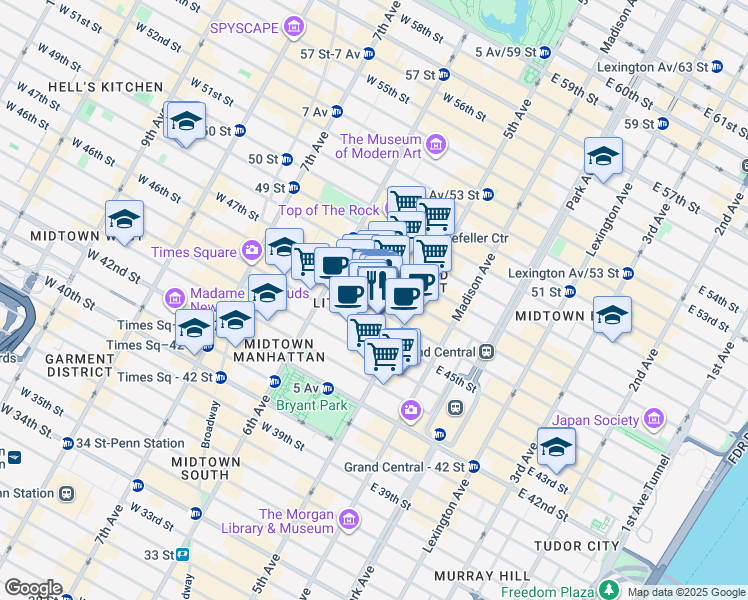 map of restaurants, bars, coffee shops, grocery stores, and more near 21 West 46th Street in New York