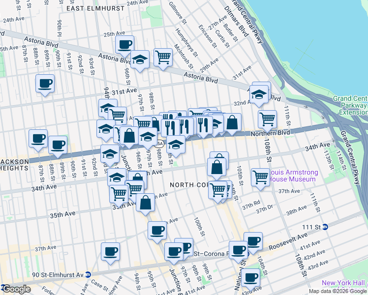 map of restaurants, bars, coffee shops, grocery stores, and more near 33-15 100th Street in Queens