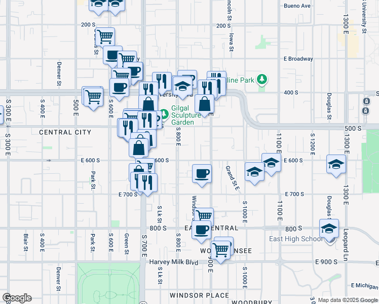 map of restaurants, bars, coffee shops, grocery stores, and more near 825 East 600 South in Salt Lake City