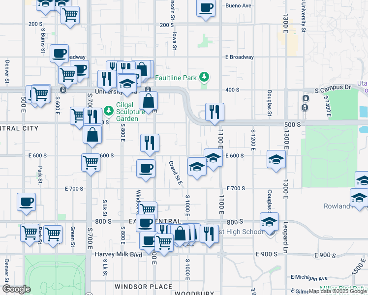 map of restaurants, bars, coffee shops, grocery stores, and more near 562 South 1000 East in Salt Lake City
