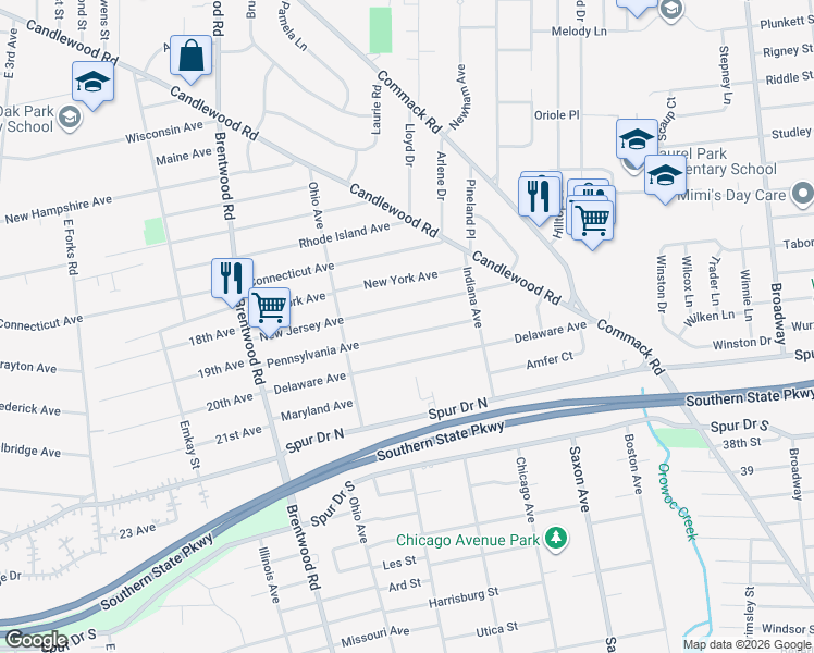 map of restaurants, bars, coffee shops, grocery stores, and more near 312 Pennsylvania Avenue in Bay Shore