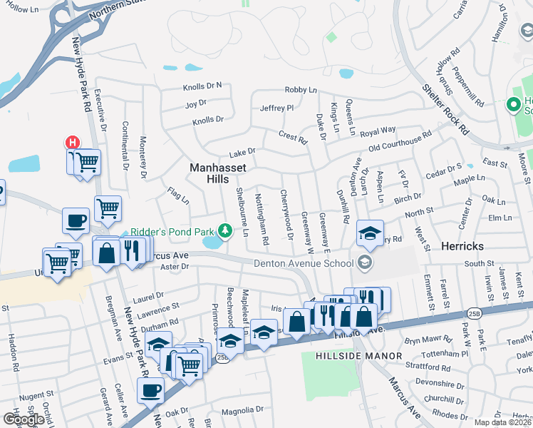 map of restaurants, bars, coffee shops, grocery stores, and more near 92 Nottingham Road in New Hyde Park