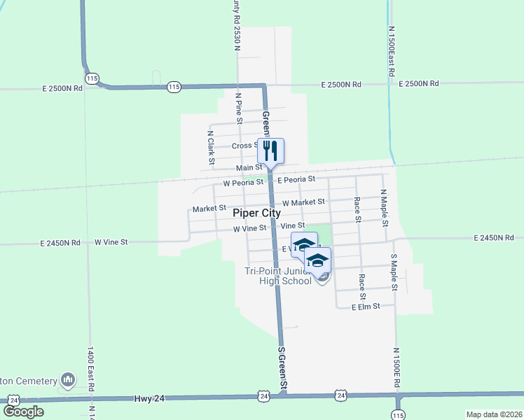 map of restaurants, bars, coffee shops, grocery stores, and more near in Piper City