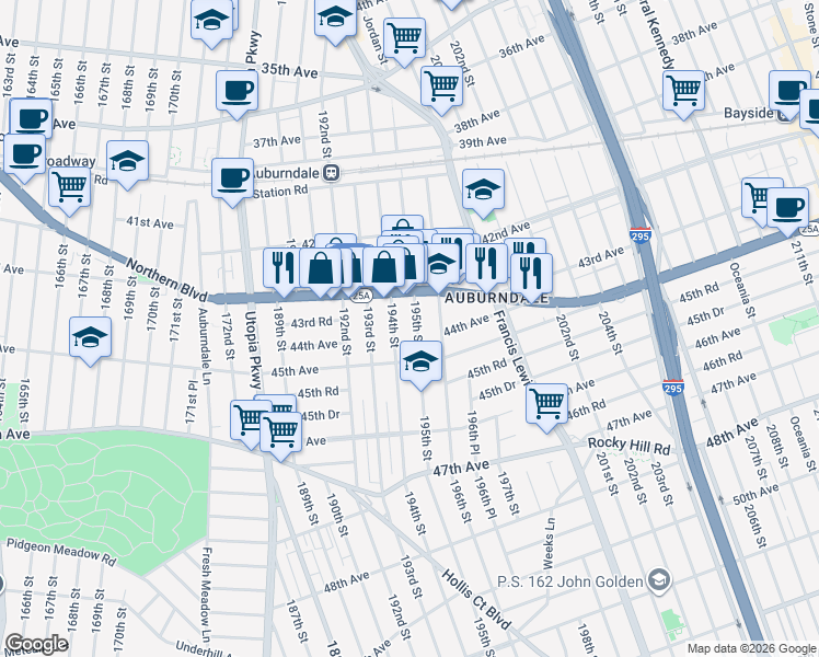 map of restaurants, bars, coffee shops, grocery stores, and more near 43-56 195th Street in Queens