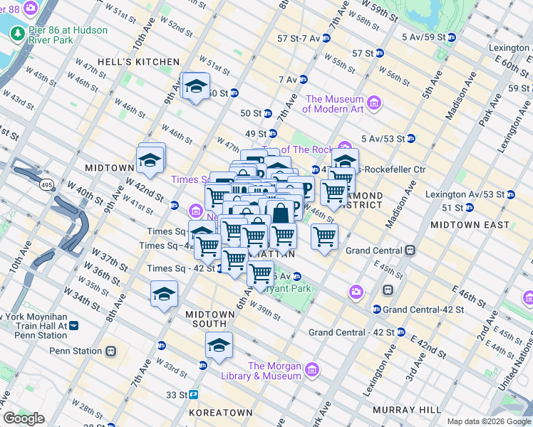 map of restaurants, bars, coffee shops, grocery stores, and more near 125 West 44th Street in New York