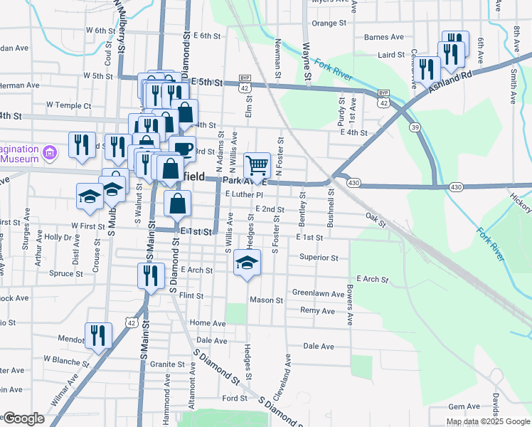 map of restaurants, bars, coffee shops, grocery stores, and more near 186 East 2nd Street in Mansfield