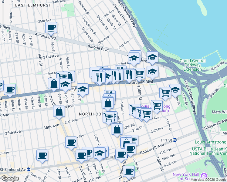 map of restaurants, bars, coffee shops, grocery stores, and more near 33-40 104th Street in Queens