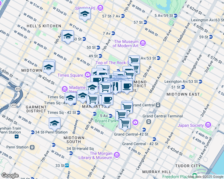 map of restaurants, bars, coffee shops, grocery stores, and more near 1166 6th Avenue in New York