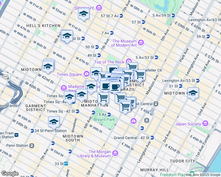 map of restaurants, bars, coffee shops, grocery stores, and more near 1166 6th Avenue in New York