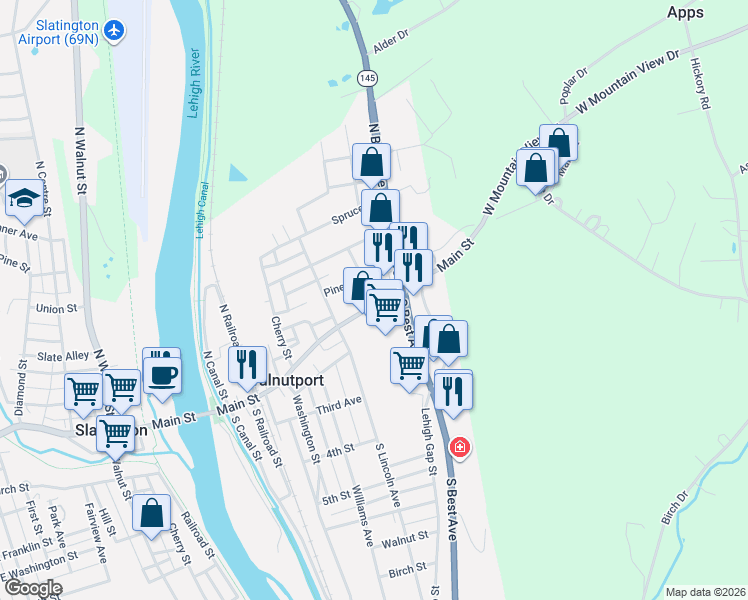 map of restaurants, bars, coffee shops, grocery stores, and more near 437 Main Street in Walnutport