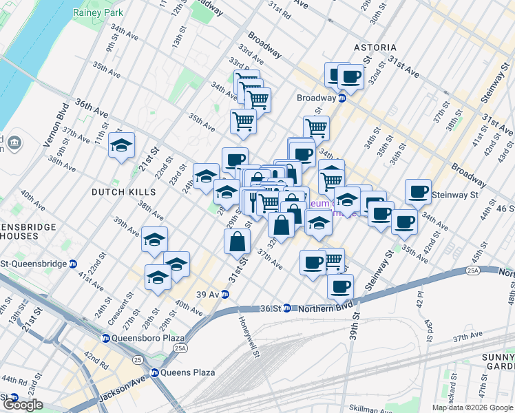 map of restaurants, bars, coffee shops, grocery stores, and more near 36-09 30th Street in Queens