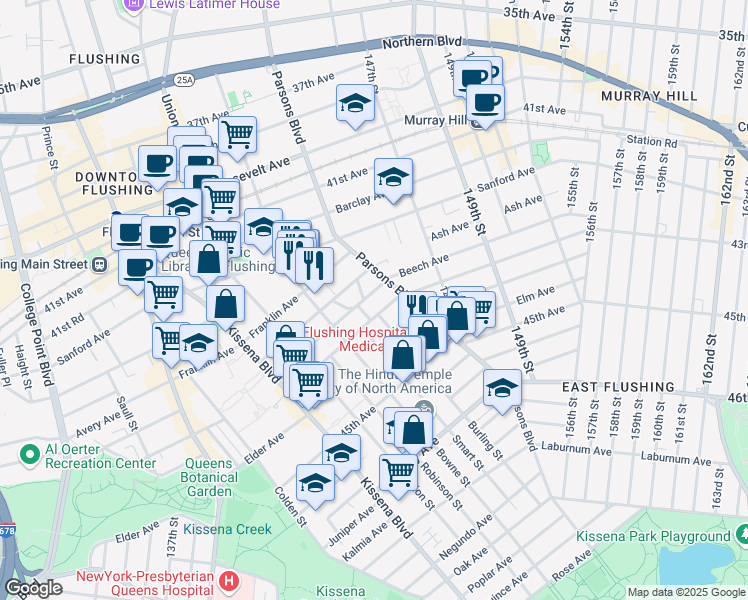 map of restaurants, bars, coffee shops, grocery stores, and more near 143-54 Beech Avenue in Queens