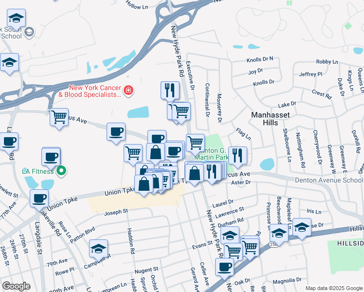 map of restaurants, bars, coffee shops, grocery stores, and more near in Manhasset Hills