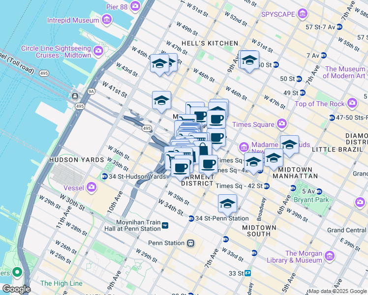map of restaurants, bars, coffee shops, grocery stores, and more near 510 9th Avenue in New York