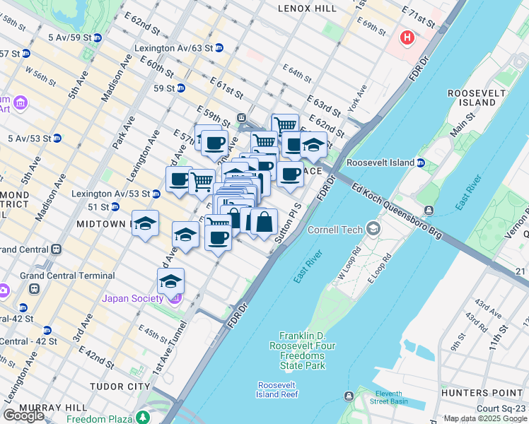 map of restaurants, bars, coffee shops, grocery stores, and more near 413 East 55th Street in New York