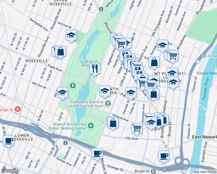 map of restaurants, bars, coffee shops, grocery stores, and more near 105 Park Avenue in Newark