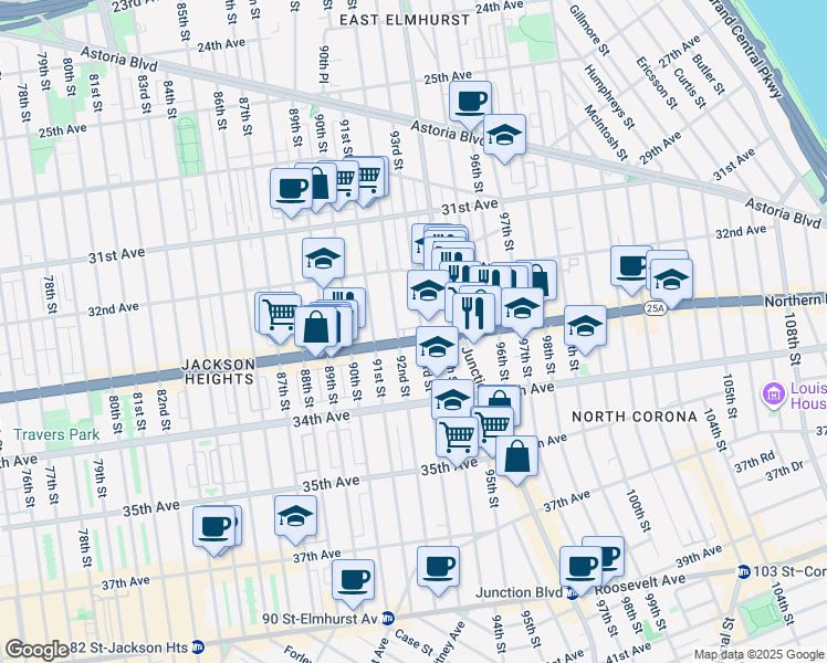 map of restaurants, bars, coffee shops, grocery stores, and more near 92-15 Northern Boulevard in Queens