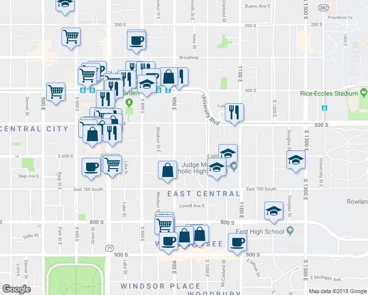 map of restaurants, bars, coffee shops, grocery stores, and more near 915 East 600 South in Salt Lake City