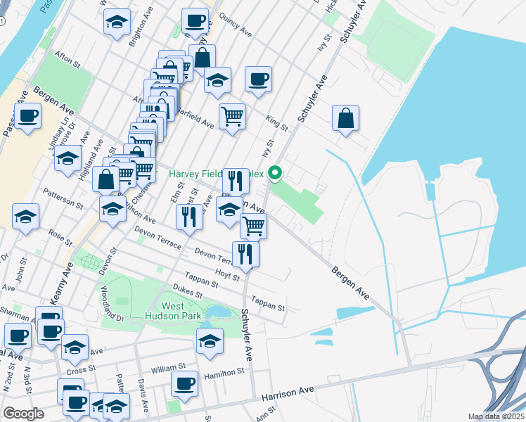 map of restaurants, bars, coffee shops, grocery stores, and more near Schuyler Ave & Bergen Ave in Kearny