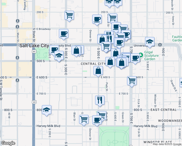 map of restaurants, bars, coffee shops, grocery stores, and more near 563 Denver Street in Salt Lake City