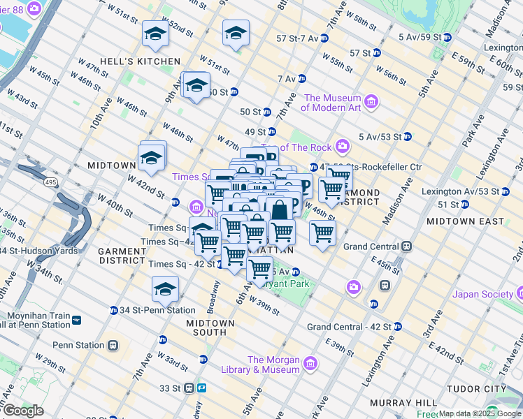 map of restaurants, bars, coffee shops, grocery stores, and more near 130 West 44th Street in New York
