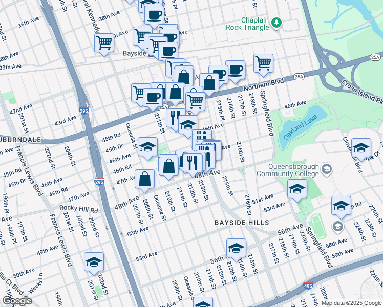 map of restaurants, bars, coffee shops, grocery stores, and more near 47-03 213th Street in Queens