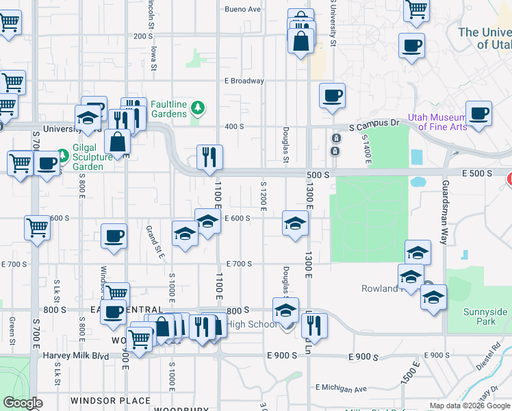map of restaurants, bars, coffee shops, grocery stores, and more near 1203 East 600 South in Salt Lake City