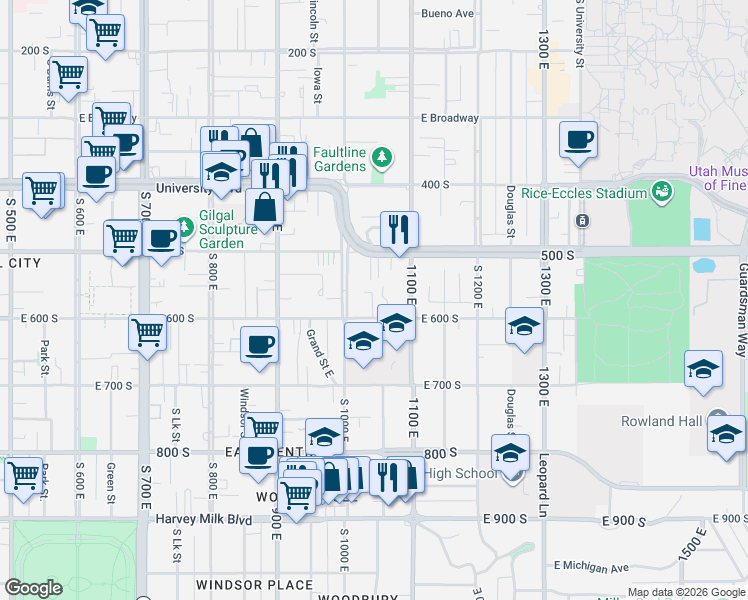 map of restaurants, bars, coffee shops, grocery stores, and more near 1035 East 600 South in Salt Lake City