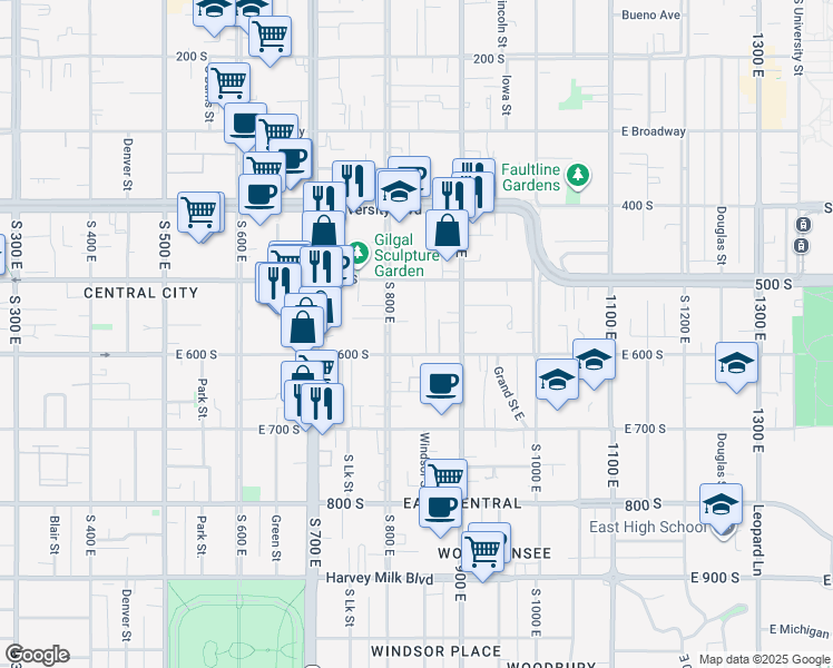 map of restaurants, bars, coffee shops, grocery stores, and more near 833 East 600 South in Salt Lake City