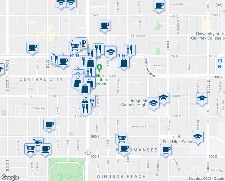 map of restaurants, bars, coffee shops, grocery stores, and more near 833 East 600 South in Salt Lake City