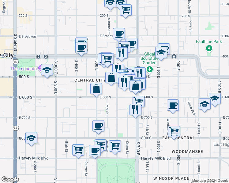 map of restaurants, bars, coffee shops, grocery stores, and more near 567 East 600 South in Salt Lake City