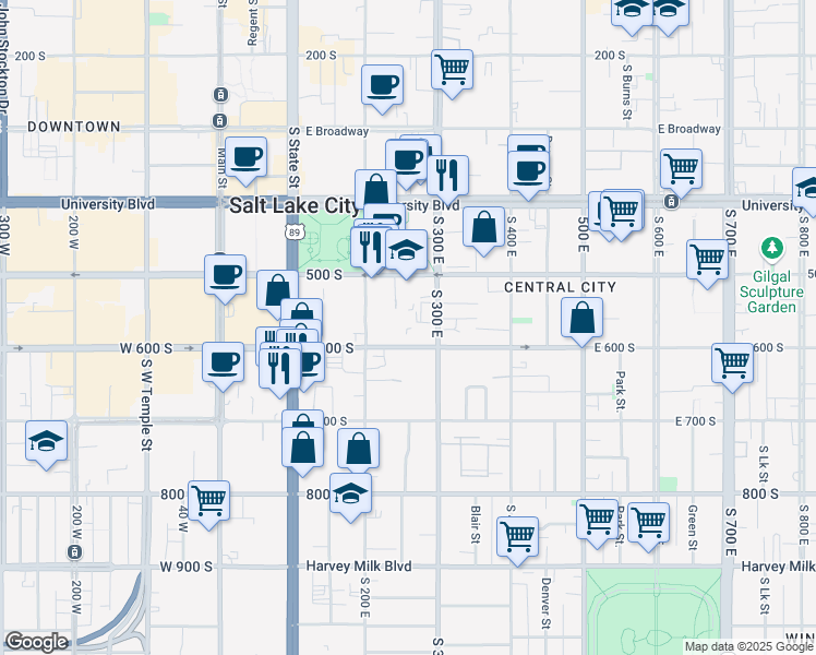 map of restaurants, bars, coffee shops, grocery stores, and more near in Salt Lake City