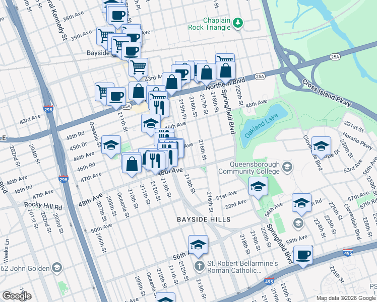 map of restaurants, bars, coffee shops, grocery stores, and more near 47-21 215th Place in Queens