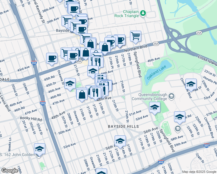 map of restaurants, bars, coffee shops, grocery stores, and more near 47-17 Bell Boulevard in Queens