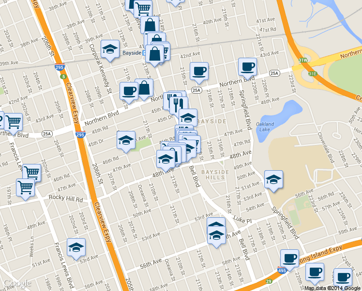 map of restaurants, bars, coffee shops, grocery stores, and more near 47-03 213th Street in Queens