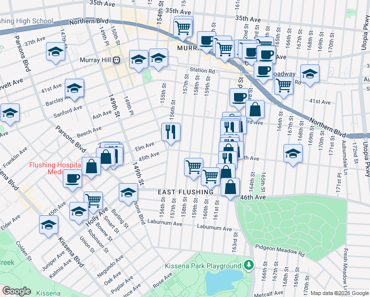 map of restaurants, bars, coffee shops, grocery stores, and more near 157-02 45th Avenue in Queens