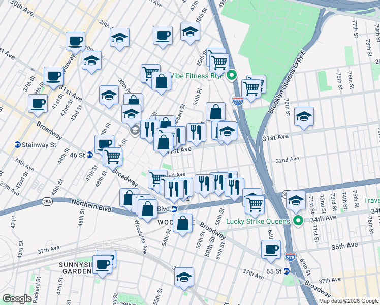 map of restaurants, bars, coffee shops, grocery stores, and more near 31-25 56th Street in Queens