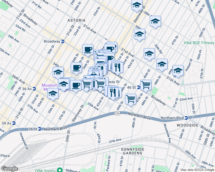 map of restaurants, bars, coffee shops, grocery stores, and more near 32-65 42nd Street in Queens