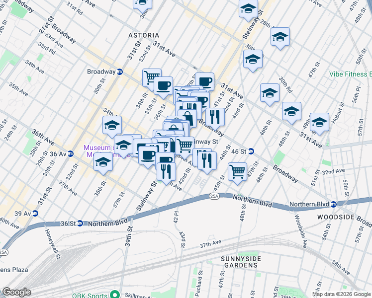 map of restaurants, bars, coffee shops, grocery stores, and more near 4015 34th Avenue in Queens