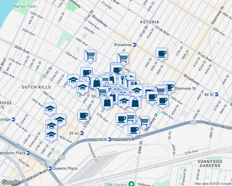 map of restaurants, bars, coffee shops, grocery stores, and more near 35-31 33rd Street in Queens