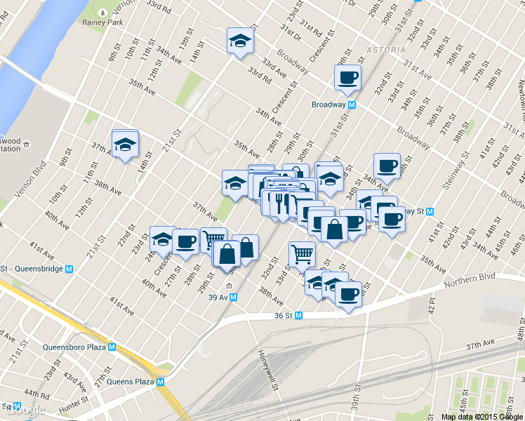 map of restaurants, bars, coffee shops, grocery stores, and more near in Queens
