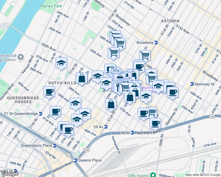 map of restaurants, bars, coffee shops, grocery stores, and more near 36-29 29th Street in Queens