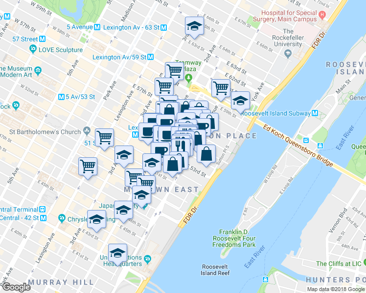 map of restaurants, bars, coffee shops, grocery stores, and more near 966 1st Avenue in New York