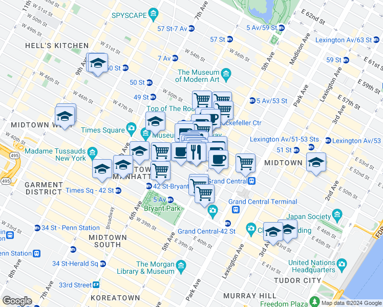 map of restaurants, bars, coffee shops, grocery stores, and more near in New York